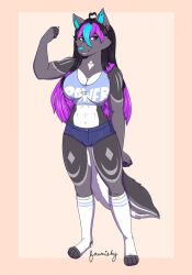  abs anthro big_breasts bottomwear bra breasts canid canine canis clothing fawnishy female flexing flexing_bicep flexing_muscles footwear hi_res mammal muscular muscular_anthro muscular_female shorts socks solo sonja_wusky underwear wolf 