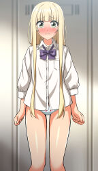  absurdres blonde_hair blue_bow blue_bowtie blurry blurry_background blush bow bowtie closed_mouth commission crotch_seam depth_of_field dress_shirt embarrassed female frown green_eyes highres hime_cut izumi_noel locker locker_room long_hair long_sleeves looking_at_viewer no_pants one_room_hiatari_futsuu_tenshi-tsuki panties pixiv_commission print_panties school_uniform shirt solo standing straight_hair sweatdrop underwear white_panties white_shirt wing_collar zanntetu 