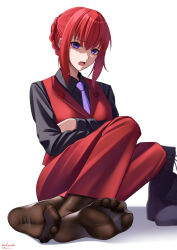  absurdres black_shirt black_socks black_suit boots business_suit commentary copyright_request feet female formal highres jacket kutsuda_miru long_sleeves looking_at_viewer medium_hair necktie open_mouth pants pantyhose purple_eyes purple_necktie red_hair red_pants red_suit shirt socks soles suit white_background 