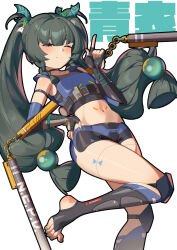  absurdres aqua_nails armpit_crease blush breasts character_name cloudy_rain4 elbow_gloves female fingerless_gloves floating_hair gloves green_eyes green_hair hand_on_own_hip highres long_hair looking_at_viewer nail_polish navel one_eye_closed pointing pointing_up qingyi_(zenless_zone_zero) robot_girl simple_background small_breasts smile solo standing standing_on_one_leg stirrup_legwear stomach thighs three_section_staff toeless_legwear toenail_polish toenails toes twintails very_long_hair white_background zenless_zone_zero 