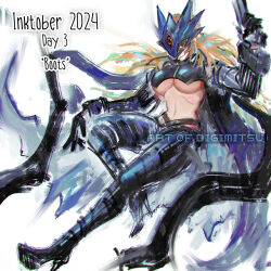  beelstarmon black_coat black_gloves black_pants black_shirt blonde_hair breasts coat cropped_shirt digimitsuart digimon digimon_(creature) eye_mask female full_body gloves gun holding holding_gun holding_weapon large_breasts long_hair navel open_clothes open_coat pants shirt solo third_eye underboob weapon 