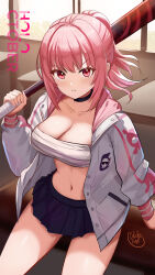  alternate_costume bandaged_chest baseball_bat black_choker blush breasts choker cleavage collarbone dreadpunk english_commentary eyelashes female glaring highres holding holding_baseball_bat hololive hololive_english jacket large_breasts long_hair looking_at_viewer mori_calliope navel open_clothes open_jacket pink_eyes pink_hair ponytail solo thighs virtual_youtuber 