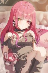  absurdres akaike bare_shoulders black_dress blush breasts cleavage collarbone dress english_commentary female heterochromia highres hololive houshou_marine houshou_marine_(8th_costume) red_eyes red_hair solo stuffed_animal stuffed_toy teddy_bear virtual_youtuber yellow_eyes 