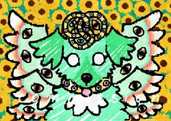  2024 ambiguous_gender biblically_accurate_angel brown_eyes canid canine canis collar_tag domestic_dog empty_eyes feral floppy_ears fur green_body green_fur looking_at_viewer mammal snuppysnail solo white_eyes 