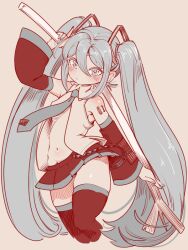  :/ bare_shoulders blue_eyes blue_hair blush breasts detached_sleeves f_tabiaki female hatsune_miku long_hair looking_at_viewer miku_day navel necktie open_clothes open_shirt skirt small_breasts solo spring_onion thighhighs twintails very_long_hair vocaloid 