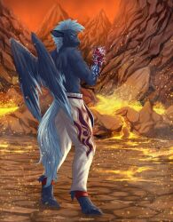  anthro athletic athletic_anthro athletic_male blue_body blue_eyes blue_feathers blue_fur blue_hooves blue_mane blue_tail blue_wings bottomwear clothed clothing detailed_background electricity electricity_manipulation elemental_manipulation equid equine feathers fur hi_res hooves lava male mammal mane mountain mythological_creature mythological_equine mythology outside pants pegasus seraphim_(artist) seraphimka_(artist) solo standing tail topless wings 