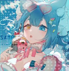  animal_ear_fluff animal_ears bikini blue_bow blue_eyes blue_hair blue_sky bow bowtie braid breasts cat_ears cherry chocolate_syrup cinnamon_stick cloud cloud_hair_ornament colored_eyelashes day eyelashes eyewear_on_head female food food-themed_hair_ornament fre_(haochilanzuo) frilled_bikini frills fruit hair_ornament hairclip heart heart-shaped_eyewear heterochromia holding holding_food holding_ice_cream holding_ice_cream_cone ice_cream ice_cream_cone large_breasts light_blush long_hair looking_at_food oerba_yun_fang open_mouth original outdoors pink-framed_eyewear pink_bow pink_bowtie rainbow_hair_ornament sample_watermark skin_fang sky solo source_request sparkle striped_bow sunglasses swimsuit tearing_up third-party_source too_many_watermarks twin_braids two-tone_bow upper_body watermark watermark_grid watermelon_hair_ornament whipped_cream white_bikini white_bow white_bowtie yellow_eyes 