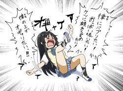  akiyama_mio black_hair black_socks blush collar collared_shirt commentary_request female k-on! long_hair odenyarou open_mouth panties school_uniform shirt short_sleeves simple_background skirt socks solo_focus striped_clothes striped_panties translation_request underwear white_background white_footwear 