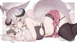  animal animal_ears black_horns black_thighhighs breasts character_name closed_mouth eyelashes female fraeya_(vtuber) gloves grey_hair hair_between_eyes highres holding holding_animal horns indie_virtual_youtuber k_(art71) large_breasts long_hair navel partially_fingerless_gloves pink_eyes pink_skirt skirt solo tail thank_you thighhighs virtual_youtuber wolf wolf_ears wolf_girl wolf_tail 