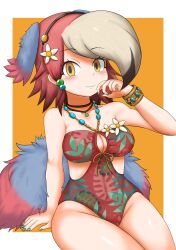  absurdres adansosutega armlet bird_wings blonde_hair blue_hair blue_tail blush breasts center_opening female flower flower_on_head gastornis_(kemono_friends) hair_ornament head_wings highres jewelry kemono_friends kemono_friends_3 looking_at_viewer multicolored_hair multicolored_tail necklace official_alternate_costume one-piece_swimsuit orange_background orange_eyes red_hair red_tail short_hair simple_background sitting smile solo swimsuit tail wings 