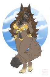  2019 anthro arm_tuft big_breasts bikini blue_eyes breasts brown_body brown_fur brown_hair canid clothed clothing dated ear_piercing ear_stud elbow_tuft eyelashes fangs female fluffy fluffy_tail front_view full-length_portrait fur glistening glistening_eyes hair hand_on_breast hi_res hip_tuft industrial_piercing long_hair mammal open_mouth open_smile piercing portrait shoulder_tuft smile solo standing swimwear tail teeth tiggybloom tuft two-piece_swimsuit yellow_bikini yellow_clothing yellow_swimwear 