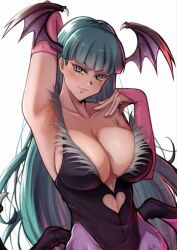  animal_print bare_shoulders bat_print bat_wings black_leotard breasts bridal_gauntlets capcom cleavage clothing_cutout darkstalkers demon_girl female fur-trimmed_leotard fur_trim green_eyes green_hair head_wings heart_cutout highres large_breasts leotard long_hair looking_at_viewer low_wings morrigan_aensland off-shoulder_leotard pantyhose ponii print_pantyhose purple_pantyhose purple_wings smile solo white_background wings 