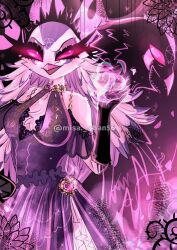  anatid anseriform anserinae anthro avian avian_demon bird demon detailed_background female fur hair heart_symbol helluva_boss hi_res long_hair magic magic_user misachan56 occult_symbol pentagram pink_eyes smile solo standing stella_(helluva_boss) swan symbol white_body white_face white_fur white_hair 