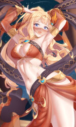  absurdres arada_(corsair_zero) armlet belly_chain blonde_hair blue_eyes body_jewelry bracer breasts circlet cleavage dancer detached_sleeves elf female fire_hair_ornament hair_ornament harem_outfit highres jewelry long_hair looking_at_viewer navel neck_ring o-ring official_alternate_costume orange_bridal_gauntlets orange_veil pointy_ears princess_connect! saren_(princess_connect!) saren_(sarasaria)_(princess_connect!) sarong sidelocks smile solo veil 