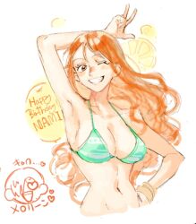  1boy ;d aqua_bikini bikini bracelet character_name commentary_request female hair_over_one_eye hand_on_own_hip happy_birthday heart heart-shaped_eyes highres jewelry kora_(sinntaro) long_hair nami_(one_piece) navel one_eye_closed one_piece orange_hair sanji_(one_piece) smile swimsuit 