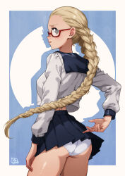  absurdres ass back black_skirt blonde_hair blue_background blush braid brown_eyes female from_behind glasses highres juusan_kihei_bouei_ken long_hair long_sleeves looking_at_viewer looking_back panties pantyshot pleated_skirt red-framed_eyewear sailor_collar school_uniform serafuku skirt solo thatpersonaguy thighs twin_braids underwear white_panties 