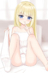  bed_sheet blonde_hair blue_eyes blurry blurry_background camisole closed_mouth commentary crotch_seam depth_of_field female finger_to_mouth highres indoors long_hair looking_at_viewer on_bed original panties shooko sitting smile sock_pull socks solo underwear underwear_only white_camisole white_panties white_socks 