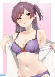  blush bra breasts brown_eyes cleavage closed_mouth commentary_request female hagikaze_(kancolle) kantai_collection long_hair looking_at_viewer nail_polish one_side_up open_clothes open_shirt panties purple_bra purple_hair purple_nails purple_panties sakiecho shirt simple_background solo two-tone_background underwear 