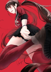  absurdres adjusting_sock artist_name black_sailor_collar blunt_bangs blush bow bowtie brown_hair danganronpa_(series) danganronpa_v3:_killing_harmony female from_below grey_bow grey_bowtie hair_ornament hair_scrunchie harukawa_maki highres long_hair looking_at_viewer low_twintails open_mouth pleated_skirt red_background red_eyes red_scrunchie red_shirt red_thighhighs sailor_collar school_uniform scrunchie shirai_renga shirt signature skirt solo standing standing_on_one_leg surprised sweatdrop thighhighs twintails very_long_hair zettai_ryouiki 