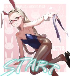  animal_ears arm_up blonde_hair blue_leotard blush braid fake_animal_ears fake_tail female fishnet_pantyhose fishnets flat_chest fune_(fune93ojj) glasses highleg highleg_leotard highres juusan_kihei_bouei_ken kisaragi_tomi leotard long_hair pantyhose pink_background playboy_bunny rabbit_ears rabbit_tail red-framed_eyewear solo strapless strapless_leotard tail twin_braids very_long_hair wrist_cuffs yellow_eyes 