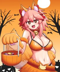  absurdres animal_ear_fluff animal_ears animal_hands bat_(animal) bell blush breasts cat_paws cleavage collar fate/grand_order fate_(series) female fox_ears fox_girl fox_tail gloves gradient_background hair_ribbon halloween halloween_costume highres jingle_bell keita_naruzawa large_breasts long_hair looking_at_viewer neck_bell oerba_yun_fang open_mouth paw_gloves pink_hair ponytail pumpkin red_ribbon ribbon solo tail tamamo_(fate) tamamo_cat_(fate) yellow_eyes 