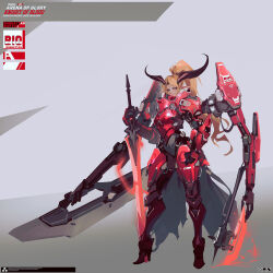  armor asymmetrical_dual_wielding boots dual_wielding extra_arms female full_body grey_background high_heels high_ponytail highres holding long_hair looking_at_viewer mecha_musume mechanical_arms orange_eyes orange_hair original red_armor red_theme simple_background smjim1986 solo 