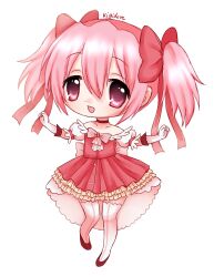  absurdres artist_name bow chibi chibi_only choker dress female frilled_dress frills full_body gloves highres kaname_madoka kigidere mahou_shoujo_madoka_magica open_mouth pink_eyes pink_hair puffy_short_sleeves puffy_sleeves red_dress ribbon short_sleeves short_twintails simple_background solo standing thighhighs twintails white_background 