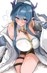  arknights black_skirt blue_eyes blue_hair blue_horns blush breasts cleavage coat colored_extremities commentary cowboy_shot detached_collar dragon_girl dragon_horns dragon_tail earrings female hair_between_eyes hair_intakes highres horns jewelry large_breasts light_blue_hair ling_(arknights) long_hair looking_at_viewer miniskirt multicolored_hair necktie off_shoulder open_clothes open_coat parted_lips pointy_ears ponytail shirt simple_background sitting skirt smile solo strapless strapless_shirt streaked_hair sunaneko tail tassel tassel_earrings thigh_strap two-tone_hair white_background white_coat white_shirt yellow_necktie 