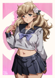  absurdres arm_up black_skirt blonde_hair blue_neckerchief blush breasts female flower flower_ornament fuyusaka_iori grey_eyes grey_serafuku hair_flower hair_ornament highres juusan_kihei_bouei_ken long_hair long_sleeves looking_at_viewer midriff neckerchief pink_background pleated_skirt sailor_collar school_uniform serafuku skirt solo thatpersonaguy wavy_hair white_flower 