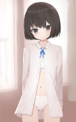  ass_visible_through_thighs black_eyes black_hair blue_ribbon bob_cut bow bow_panties bra closed_mouth commentary cowboy_shot crotch_seam dress_shirt female highres indoors long_sleeves looking_at_viewer navel neck_ribbon no_pants open_clothes open_shirt original panties ribbon shirt shooko short_hair smile solo standing training_bra underwear white_bra white_panties white_shirt window wing_collar 