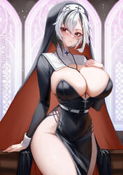  absurdres alternate_costume arlecchino_(genshin_impact) azuukichan black_dress black_eyes black_hair black_veil blush breasts closed_mouth commentary covered_navel cowboy_shot cross cross_necklace dress english_commentary female genshin_impact hair_between_eyes highres jewelry large_breasts long_sleeves looking_at_viewer medium_hair multicolored_hair necklace necklace_between_breasts nun pelvic_curtain red_pupils side_slit sideboob solo strapless strapless_dress symbol-shaped_pupils thighs two-tone_hair veil white_hair white_sleeve_cuffs x-shaped_pupils 