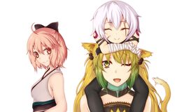  3girls ^_^ ahoge animal_ears atalanta_(fate) bandaged_arm bandages bare_shoulders black_bitou blonde_hair carrying cat_ears cat_tail closed_eyes commentary_request fate/apocrypha fate/grand_order fate_(series) green_eyes green_hair hair_between_eyes highres jack_the_ripper_(fate/apocrypha) koha-ace multicolored_hair multiple_girls oerba_yun_fang okita_souji_(fate) okita_souji_(koha-ace) one_eye_closed pink_eyes pink_hair purple_eyes scar scar_across_eye scar_on_face short_hair shoulder_carry stitches tail white_background 