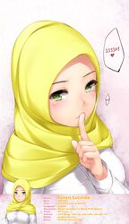  absurdres blush character_profile commentary english_commentary english_text female finger_to_mouth floral_background green_eyes heart heart_background highres hijab kopianget long_sleeves muslim original pink_background shushing smile solo speech_bubble yellow_headwear 