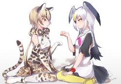  2girls animal_ears bare_shoulders belt bird_tail bird_wings black-tailed_gull_(kemono_friends) black_hair blonde_hair boots bow bowtie brown_hair commentary dress elbow_gloves facing_another gloves head_wings kemono_friends long_hair looking_at_another multicolored_hair multiple_girls neckerchief ocelot_(kemono_friends) ocelot_print pantyhose paw_pose sailor_collar scarf shoes short_hair short_sleeves signature sitting skirt smile tail tatsuno_newo thighhighs vest wariza white_hair wings 