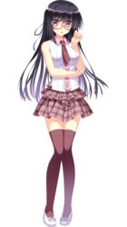  black_thighhighs breasts casual female full_body glasses half_updo highres kamishiro_touko knees_together_feet_apart koiken_otome long_hair medium_breasts necktie plaid plaid_skirt purple_eyes purple_hair skirt solo tateha_(marvelous_grace) thighhighs transparent_background zettai_ryouiki 