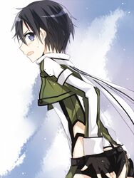  1boy black_eyes black_hair commentary_request cosplay crossdressing fingerless_gloves gloves jianmo_sl kirito male_focus scarf short_hair short_shorts shorts sinon sinon_(cosplay) sword_art_online 