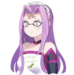  :&gt; apron black-framed_eyewear blush closed_mouth clothes_writing commentary_request detached_collar elbow_gloves facial_mark fate/grand_order fate/hollow_ataraxia fate_(series) female forehead_mark glasses gloves headdress idk-kun long_hair medusa_(fate) medusa_(rider)_(fate) no_nose parted_bangs purple_eyes purple_hair simple_background smile solo upper_body white_apron white_background 