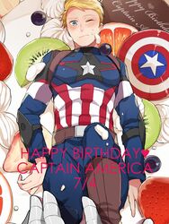  1boy animification avengers:_age_of_ultron avengers_(series) blonde_hair blue_eyes blush cake captain_america commentary_request doemusuke food fruit happy_birthday icing in_food male_focus marvel marvel_cinematic_universe mini_person miniboy shield solo steve_rogers superhero_costume 