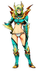  armor bikini_armor blue_eyes boots contrapposto djheycha dragon_horns facial_mark female full_body gauntlets green_hair hand_on_own_hip heart horns monster_hunter_(character) monster_hunter_(series) monster_hunter_portable_3rd monster_hunter_xx navel panties photoshop_(medium) scales short_hair shoulder_spikes simple_background solo spikes standing thighhighs underwear white_background white_panties zinogre_(armor) 