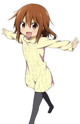  :d alternate_costume aran_sweater black_pantyhose brown_hair cable_knit commentary_request female hair_ornament hairclip ikazuchi_(kancolle) kantai_collection miyako_hito oerba_yun_fang open_mouth outstretched_arms pantyhose photoshop_(medium) short_hair simple_background smile solo spread_arms sweater turtleneck white_background 