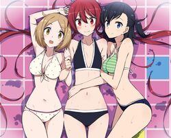  3girls absurdres artist_request ayugase_karen bikini black_hair blue_eyes breasts brown_eyes brown_hair cleavage flat_chest highres joukamachi_no_dandelion large_breasts low_twintails multiple_girls navel polka_dot polka_dot_bikini red_eyes red_hair sakurada_akane shirogane_an striped_bikini striped_clothes swimsuit twintails wavy_mouth 