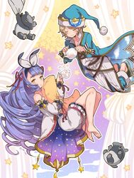  1boy bad_id bad_twitter_id bare_shoulders barefoot blonde_hair brother_and_sister closed_eyes commentary_request female granblue_fantasy hair_ribbon hat light_purple_hair morphe_(granblue_fantasy) nightcap phoebe_(granblue_fantasy) pillow ribbon siblings tapir teapot twitter_username yellow_eyes yumekui 