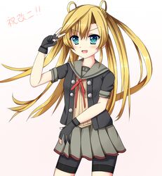  :d abukuma_(kancolle) abukuma_kai_ni_(kancolle) bike_shorts black_gloves black_skirt blonde_hair commentary_request female fingerless_gloves gloves hair_ribbon kantai_collection long_hair nanakiri_(izakaya_nanana) open_mouth pleated_skirt ribbon school_uniform serafuku skirt smile solo v 