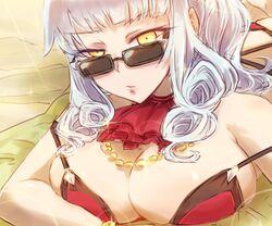  bikini breasts carmilla_(fate/grand_order) cleavage cravat fate/grand_order fate_(series) female grey_hair jewelry lips open_mouth ponytail sunglasses yellow_eyes 