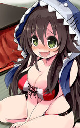  :d animal_hood bikini blush breasts brown_hair cleavage collarbone commentary_request cross-laced_clothes embarrassed female green_eyes hair_ornament hairclip himekawa_yuki hood idolmaster idolmaster_cinderella_girls indoors kotatsu large_breasts long_hair looking_at_viewer navel open_mouth photoshop_(medium) rakkogawa_rinro shark_hood sitting smile solo swimsuit table tatami 