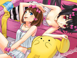  2girls 403_(artist) black_hair blue_eyes blush bow breasts brown_hair camisole cleavage collarbone commentary_request couch hairbow lying medium_breasts midriff multiple_girls navel on_side pantyhose red_eyes ren_(wooser) rin_(wooser) sitting striped_clothes striped_pantyhose thighhighs wooser_(character) wooser_no_sono_higurashi 