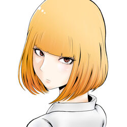  absurdres blonde_hair blunt_bangs brown_eyes commentary_request eyelashes female frown highres looking_at_viewer looking_back midorikawa_hana nightckoas prison_school shirt short_hair simple_background upper_body white_background white_shirt 