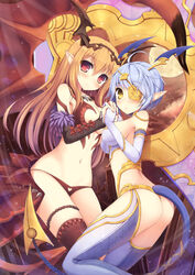  2girls ass brown_legwear demon_girl elbow_gloves eyepatch fantasy gloves gold_trim hair_between_eyes holding_hands horns interlocked_fingers lilith_(lord_of_vermilion) long_hair looking_at_viewer lord_of_vermilion lord_of_vermilion_iii milia_(lord_of_vermilion) multiple_girls navel photoshop_(medium) pointy_ears short_hair silver_hair taiki_ken tail thighhighs white_gloves 