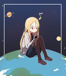  black_pantyhose blonde_hair bural_chingu cellphone commentary earth_(planet) eighth_note female full_body giant giantess highres holding holding_phone korean_commentary lee_ji-min long_hair luke_(dydansgur) musical_note necktie pantyhose phone planet red_eyes sitting skirt smartphone smile solo space 