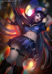  alternate_costume ammunition belt boots breasts caitlyn_(league_of_legends) cglas cleavage commentary crop_top cuffs female fingerless_gloves from_below gloves gun hand_on_headwear handcuffs hat highres large_breasts league_of_legends lipstick long_hair looking_at_viewer makeup midriff miniskirt navel officer_caitlyn photoshop_(medium) police police_hat police_uniform policewoman skirt solo uniform watermark weapon web_address 